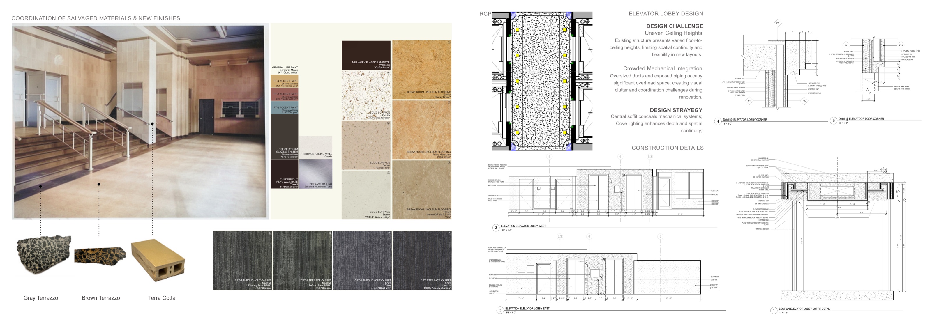 Salvaged terrazzo and terra cotta with new finishes, and the elevator-lobby design with construction details.