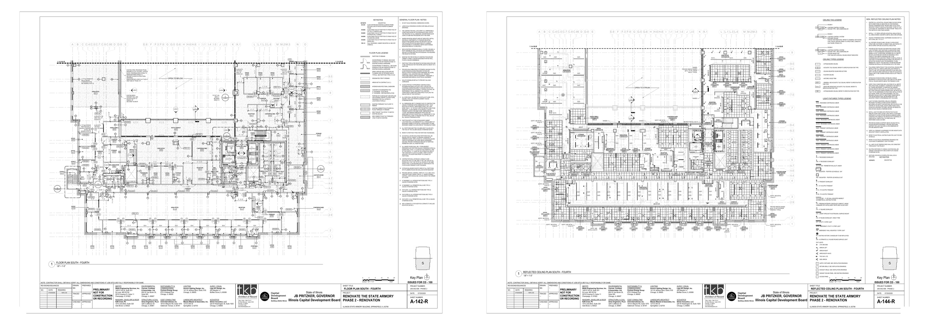 Issued fourth-floor south floor plan (A-142-R) and reflected ceiling plan (A-144-R) from Renovate the State Armory Phase 2.