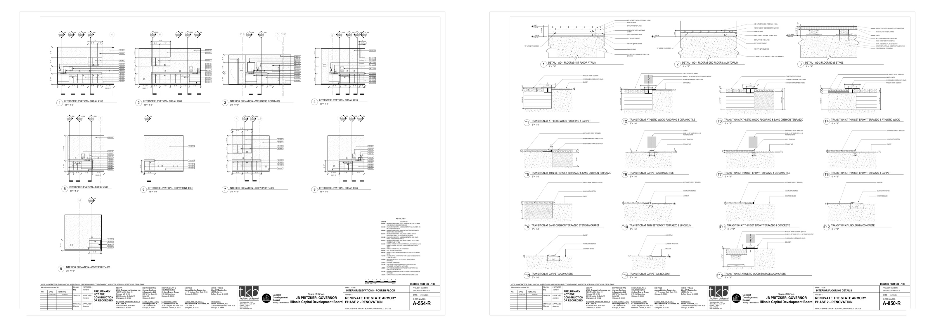 Issued fourth-floor interior elevations (A-554-R) and interior flooring details (A-850-R).