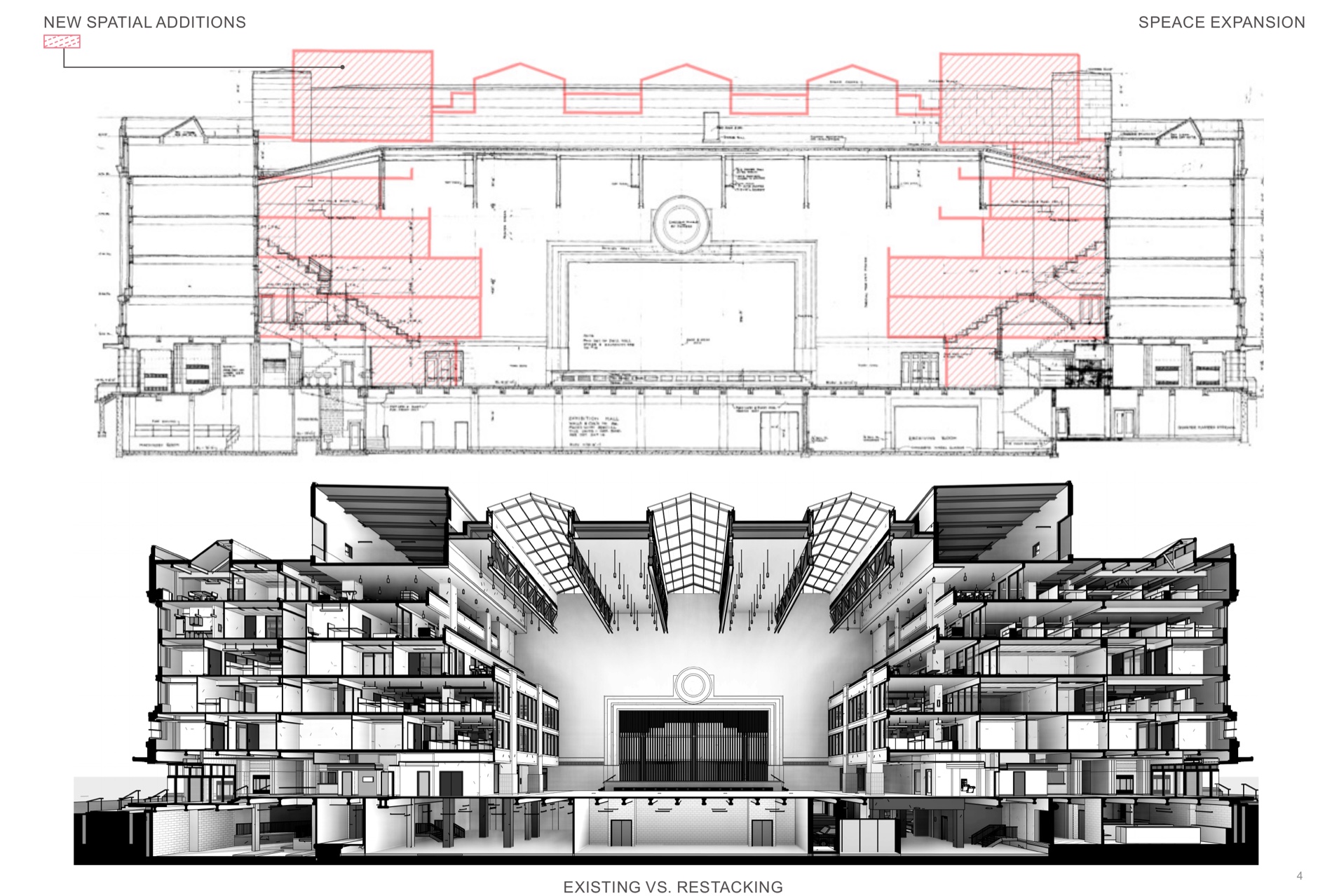 New spatial additions in red, and the existing-versus-restacking cutaway section.