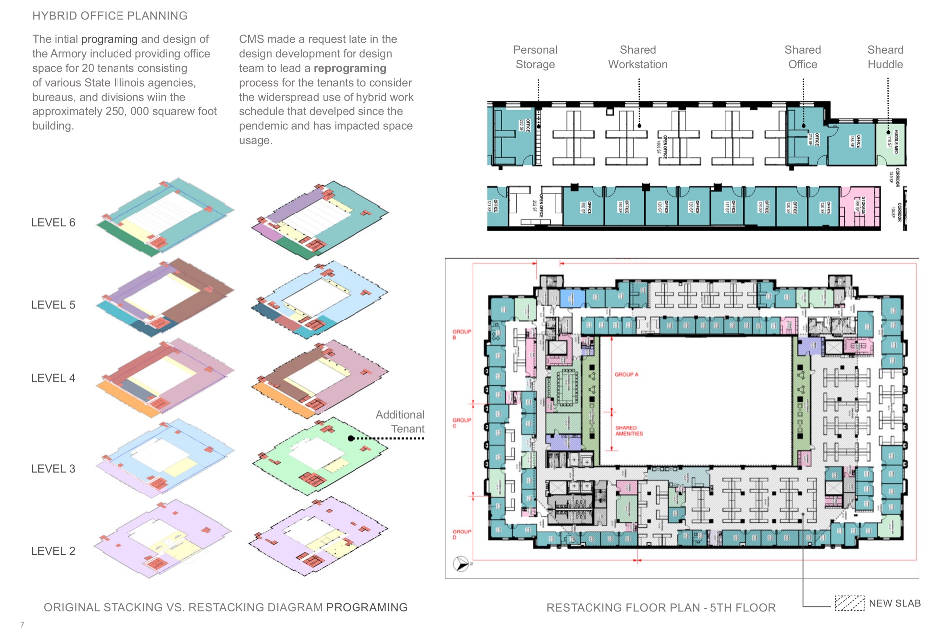 Original stacking versus restacking diagrams, workstation types, and a representative fifth-floor plan.
