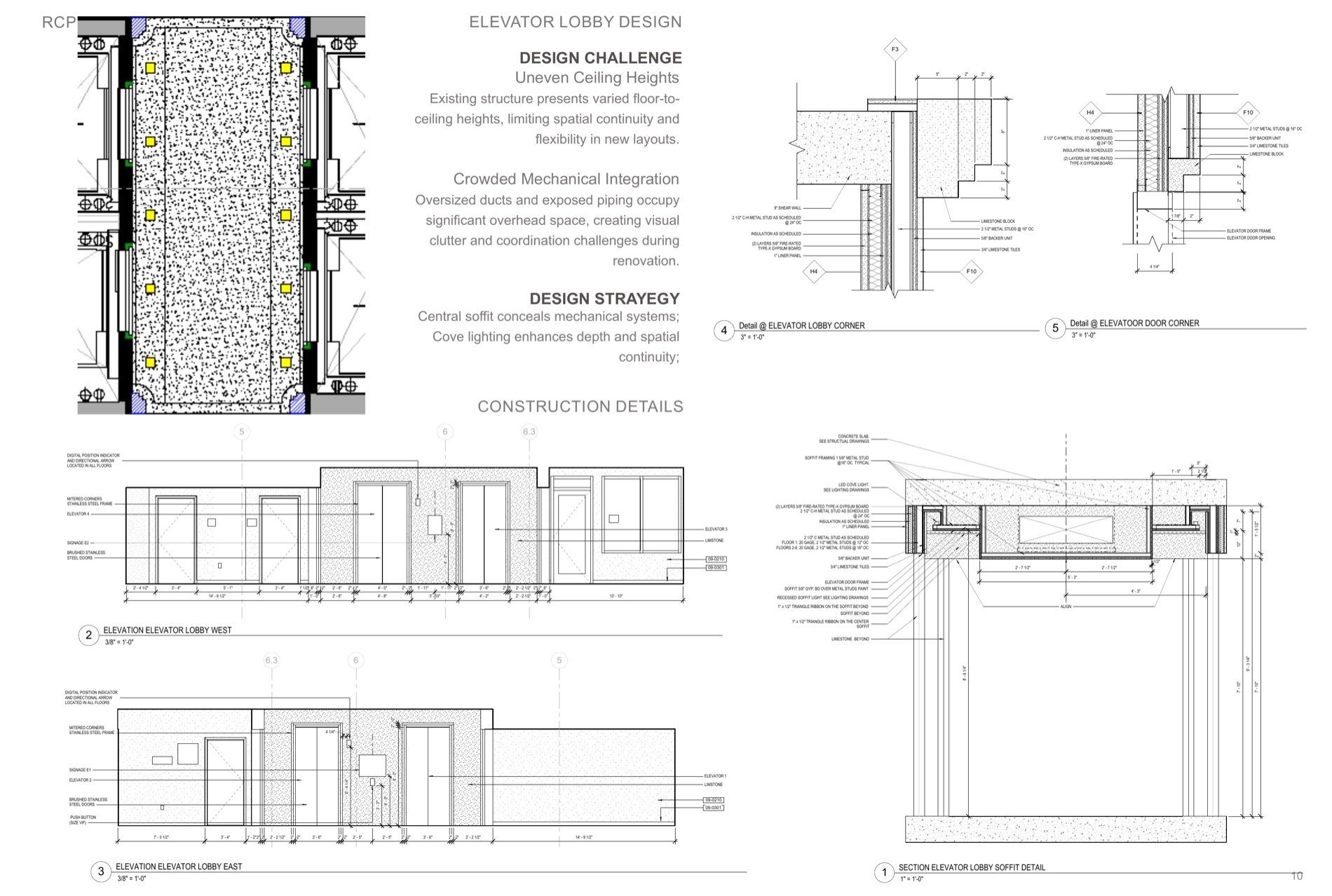Elevator-lobby reflected ceiling plan, elevations, and construction details.