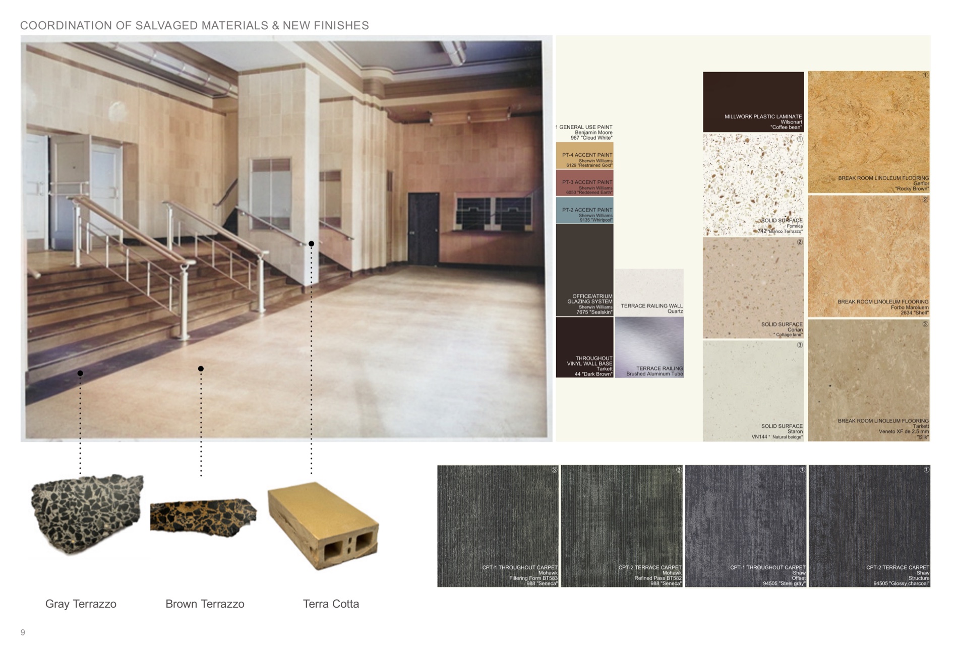 Salvaged-materials and new-finishes board — historic lobby, terrazzo and terra-cotta samples, and new finishes.