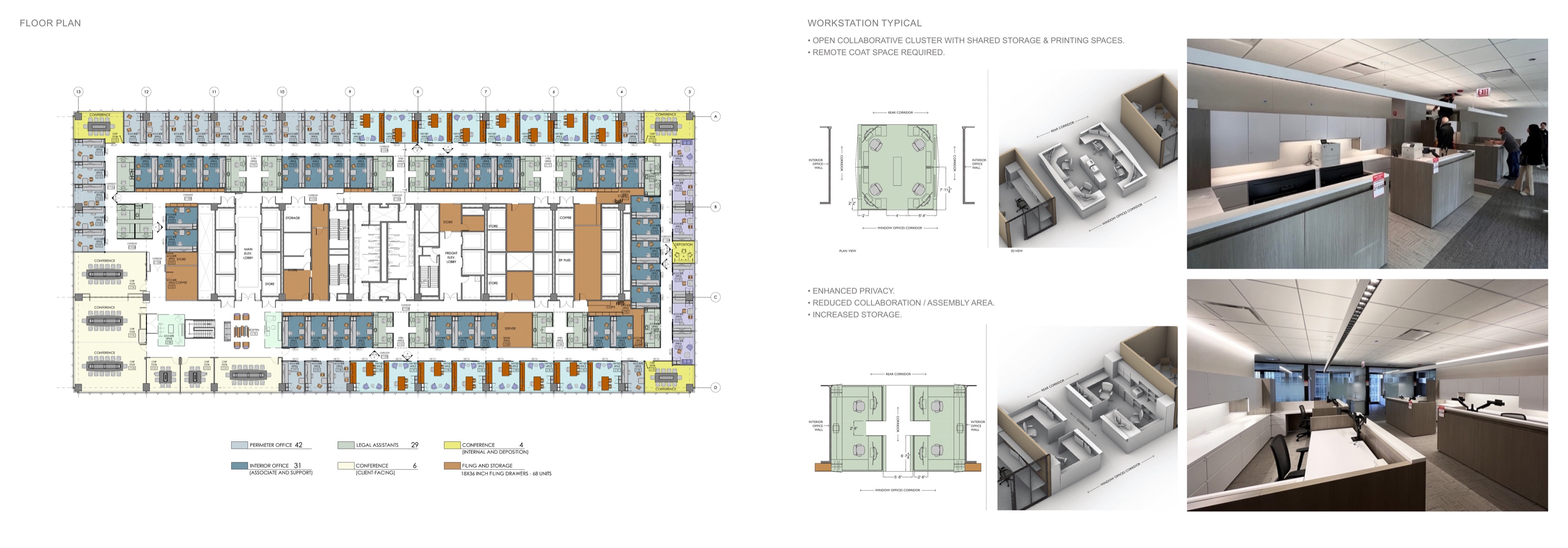 Floor plan with office-type legend, and workstation typical studies in plan, axonometric, and installed photos.