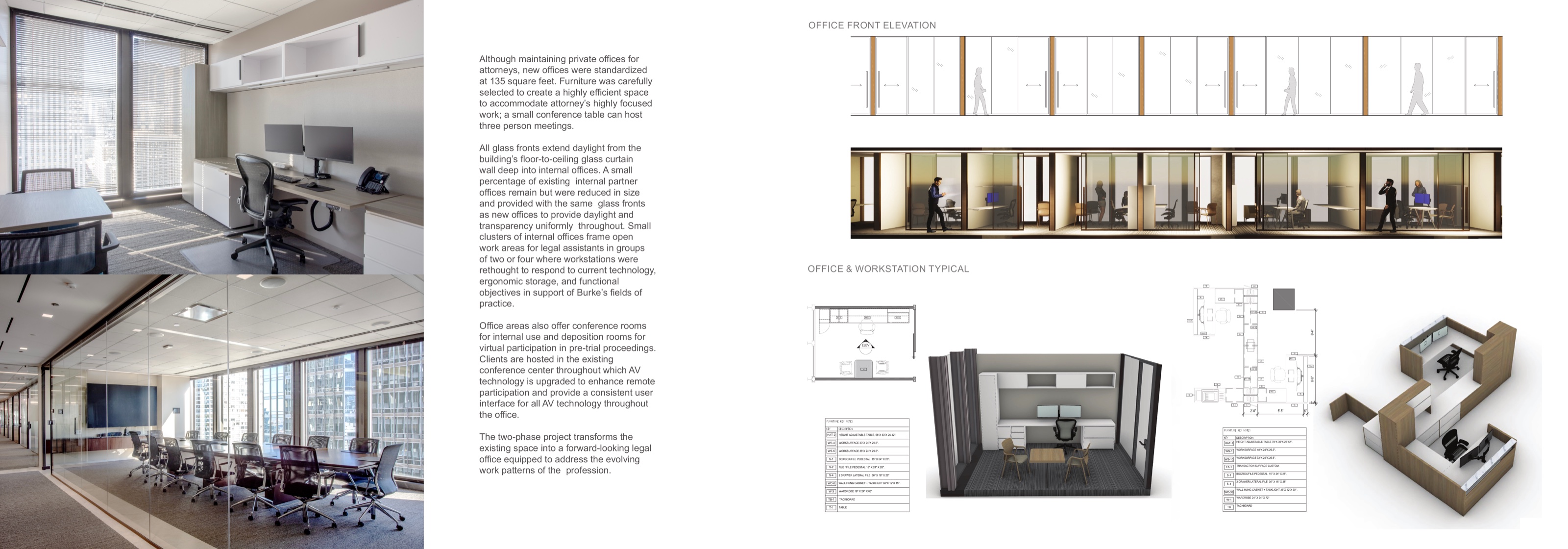 Office interiors, office-front elevation, and office and workstation typicals.