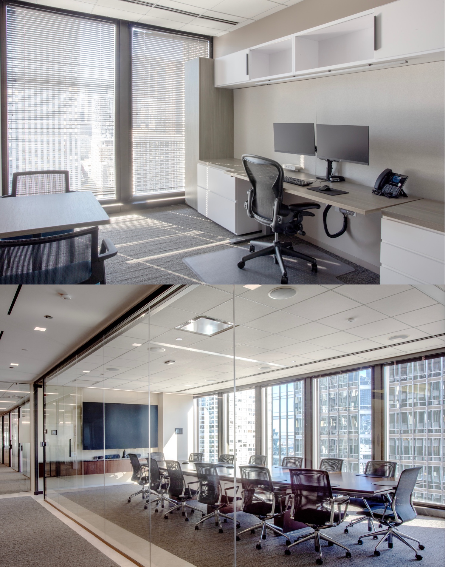 A standardized 135-square-foot attorney office and a glass-fronted conference room, both daylit by the curtain wall.