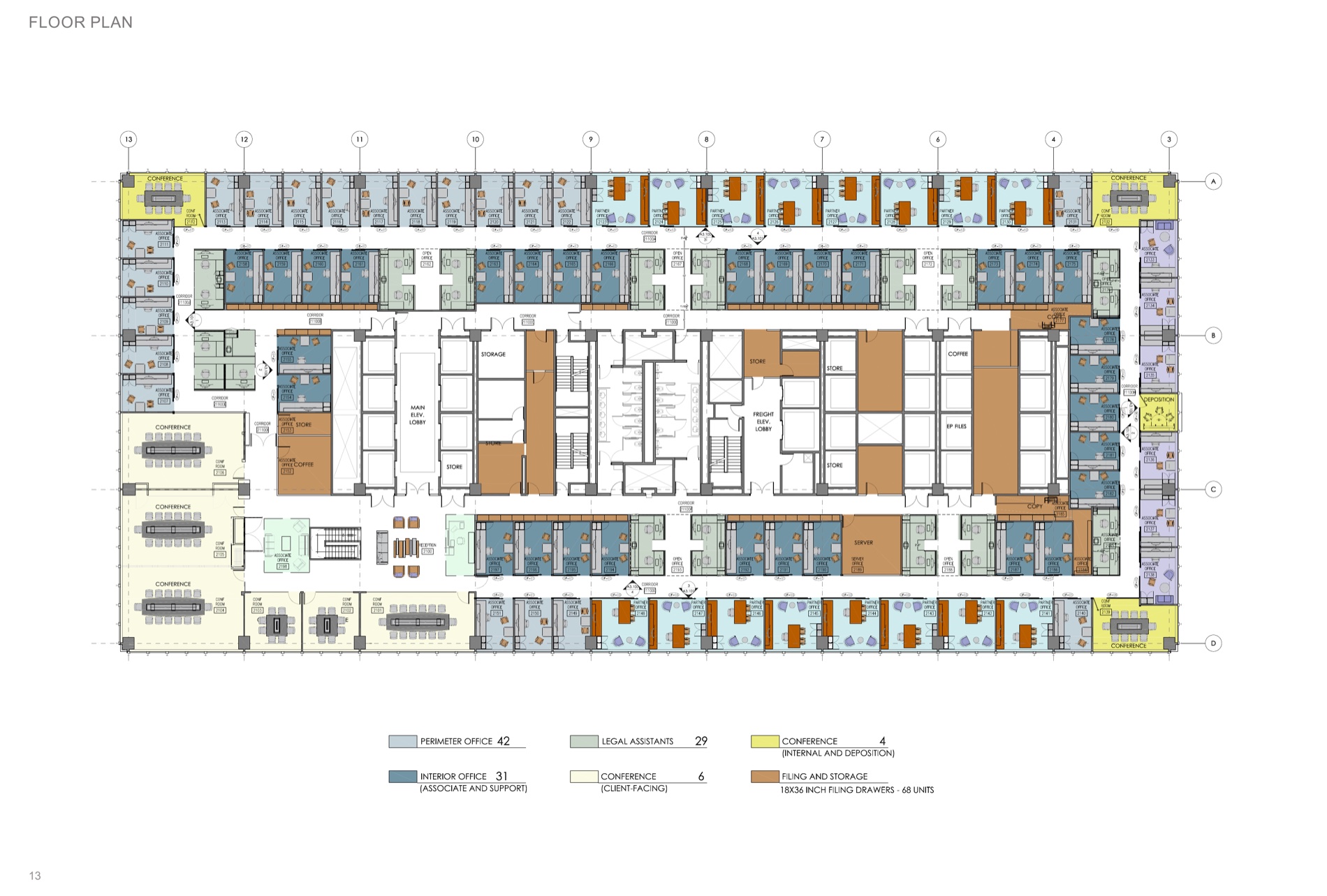 Floor plan with the office-type legend — perimeter and interior offices, legal-assistant stations, and conference rooms.