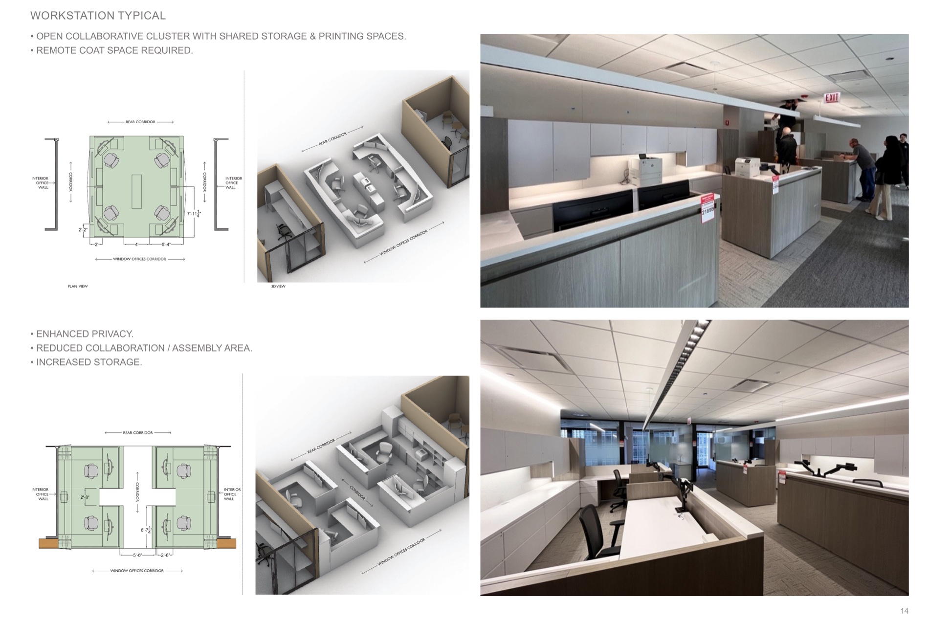 Workstation typical studies — plan, axonometric, and installed photos.