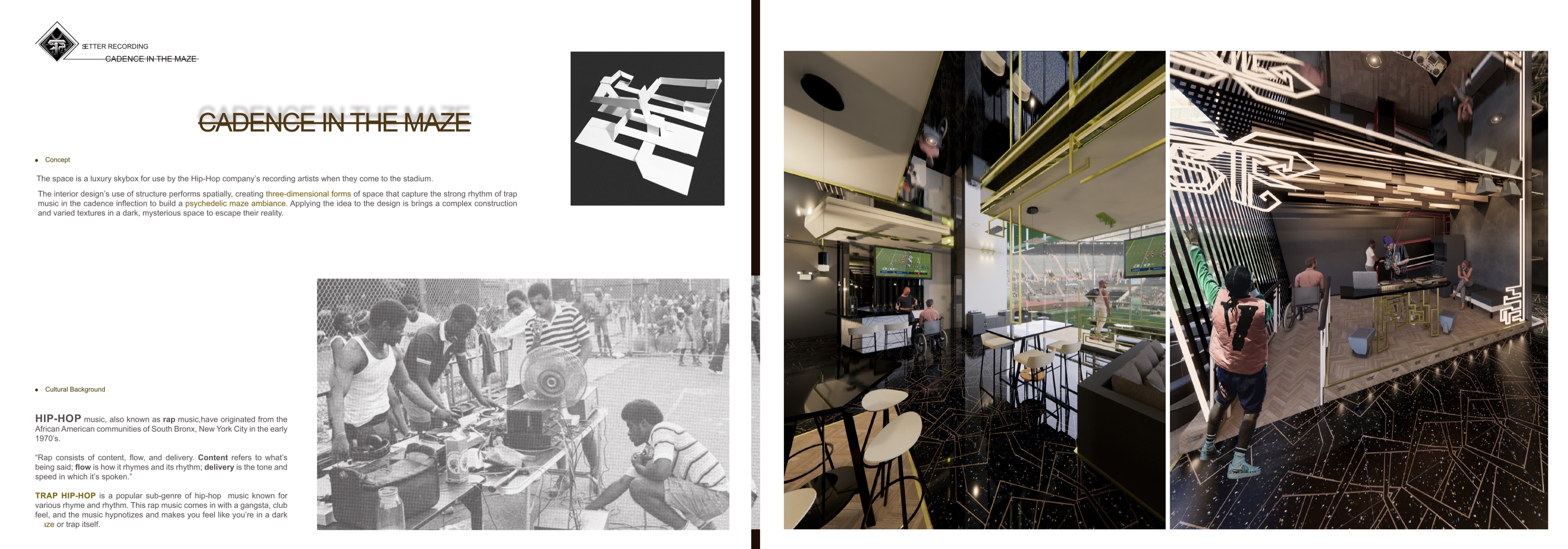 Concept boards translating the cadence of trap music into maze-like form, with hip-hop cultural background and entertainment-level renders.