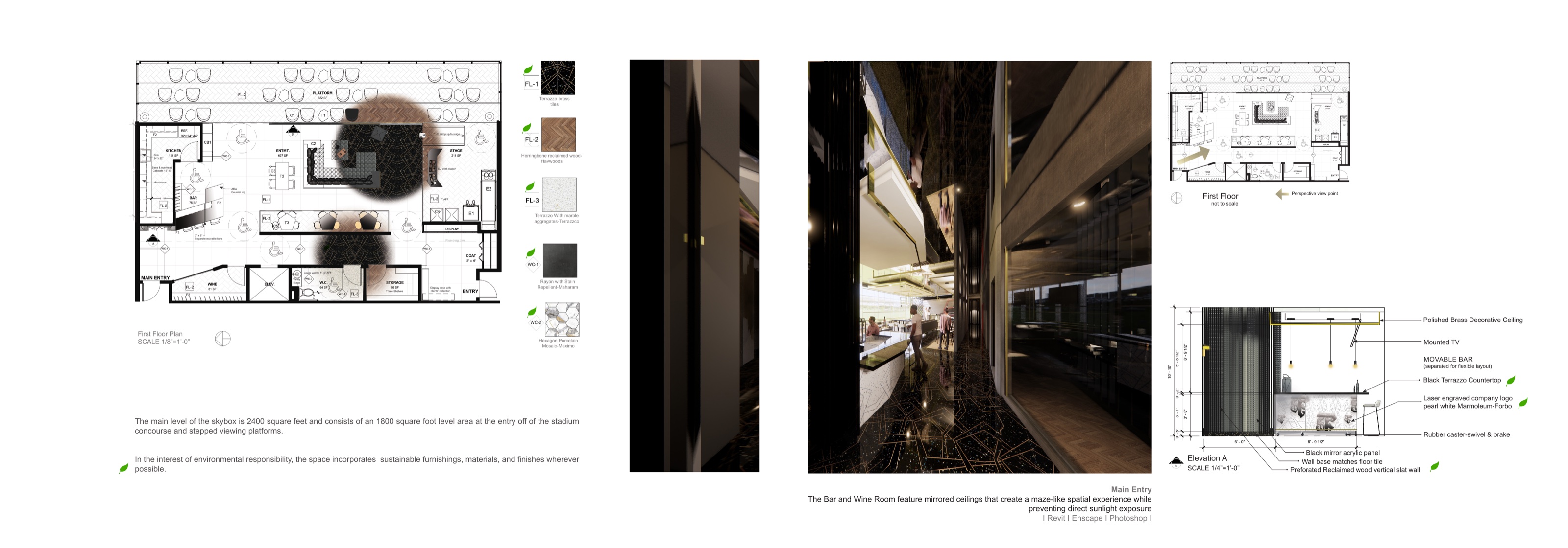 First-floor plan with material schedule and the main-entry render with the bar elevation detail.