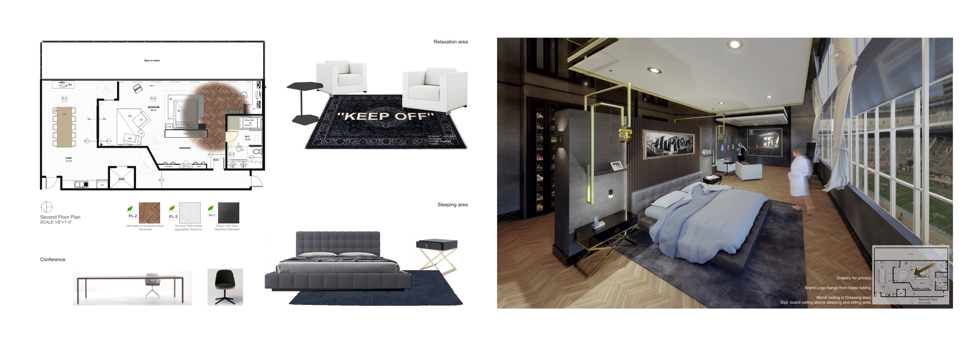 Second-floor plan with relaxation, sleeping, and conference furnishings, and the sleeping-area render.