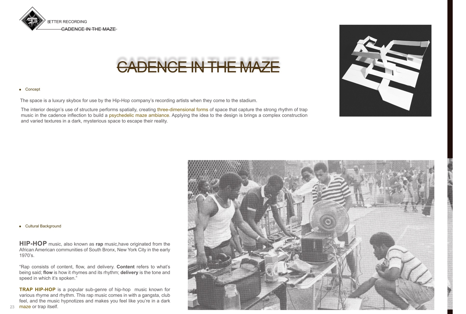 Concept boards — translating the cadence of trap music into maze-like three-dimensional form, with hip-hop cultural background.