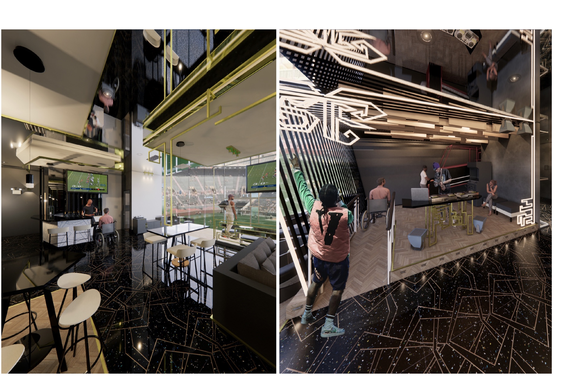 Maze-interior renders — brass-framed structure, terrazzo floors, and stadium views.