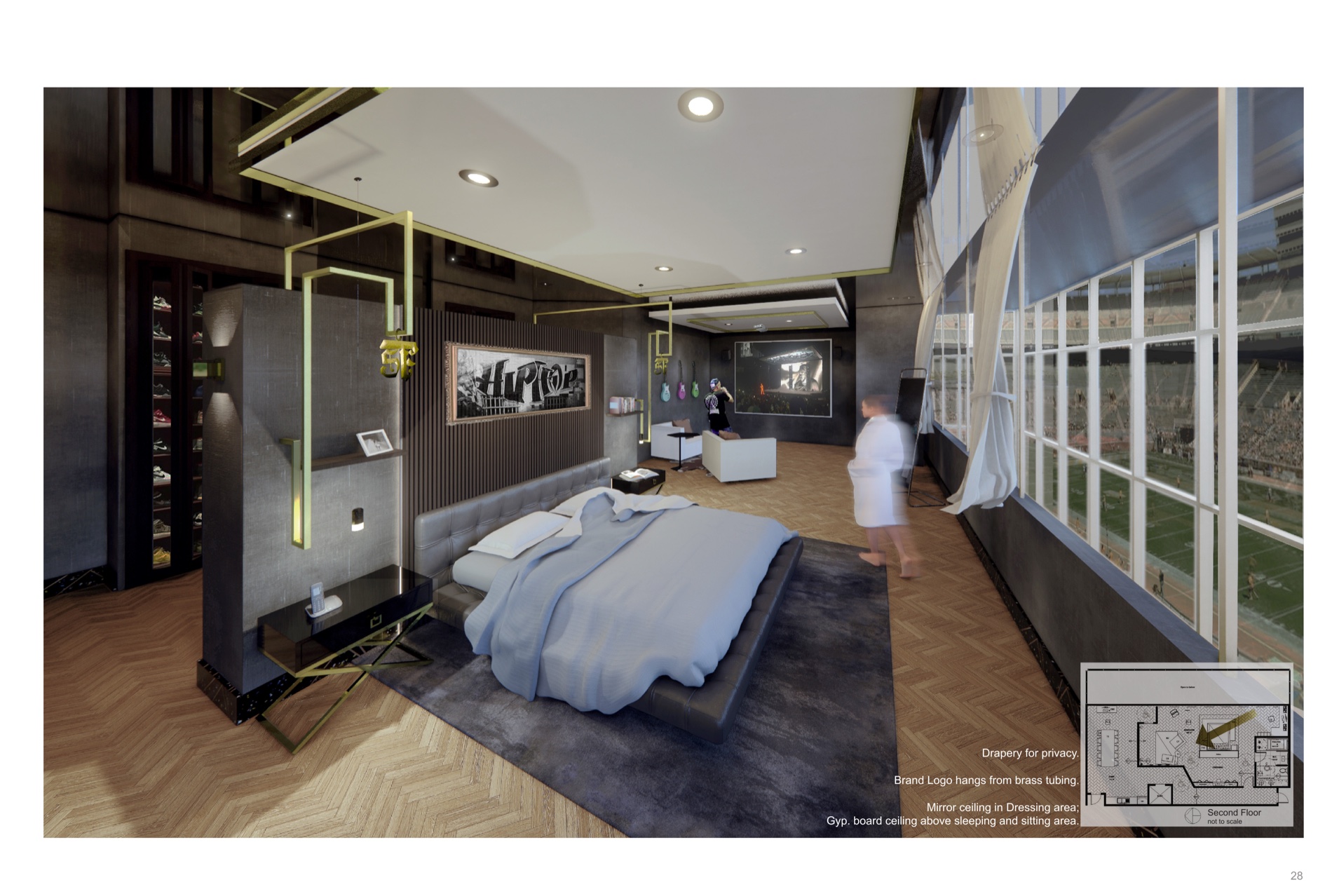 The sleeping area overlooking the field, with the brand logo in brass and a sneaker display.