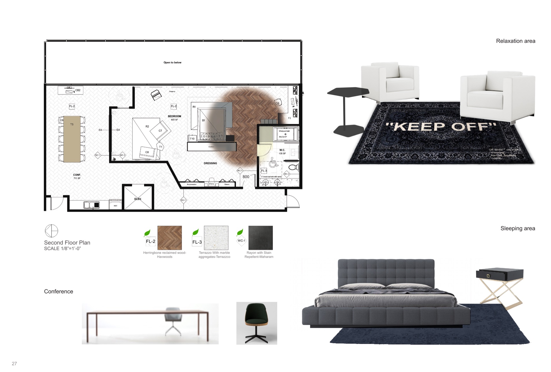 Second-floor plan with relaxation, sleeping, and conference furnishings.