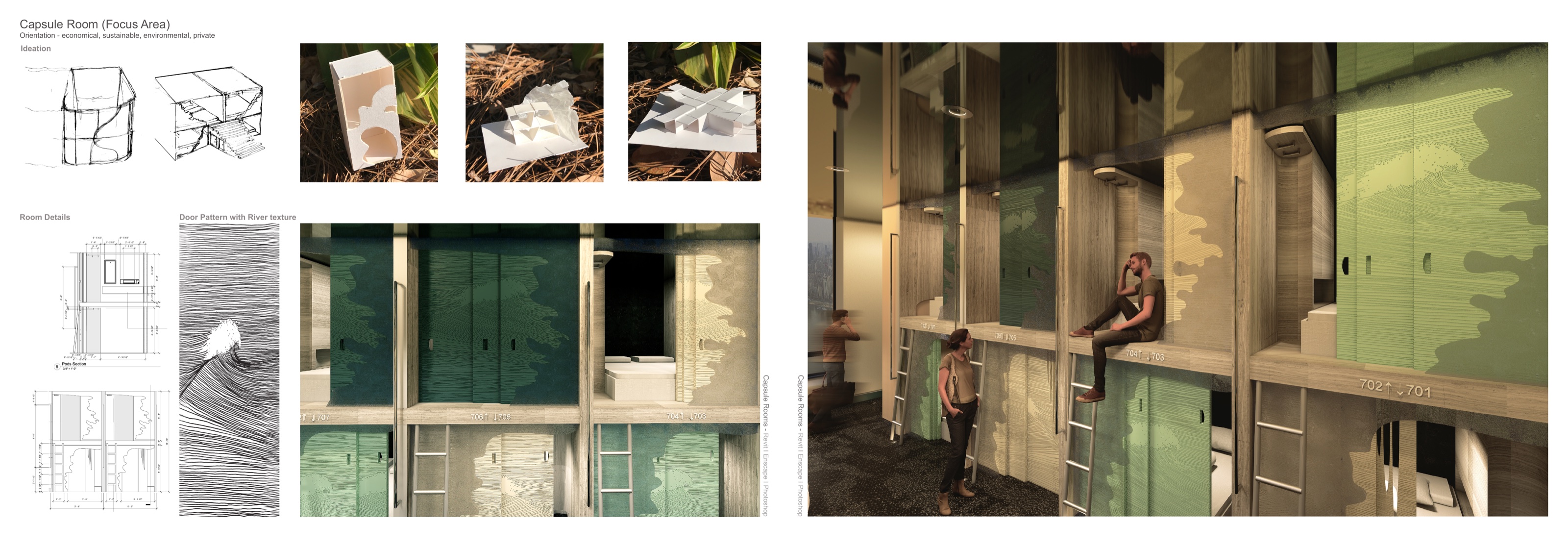 Capsule-room ideation models, room details, river-texture door pattern, and the built-out capsule walls.