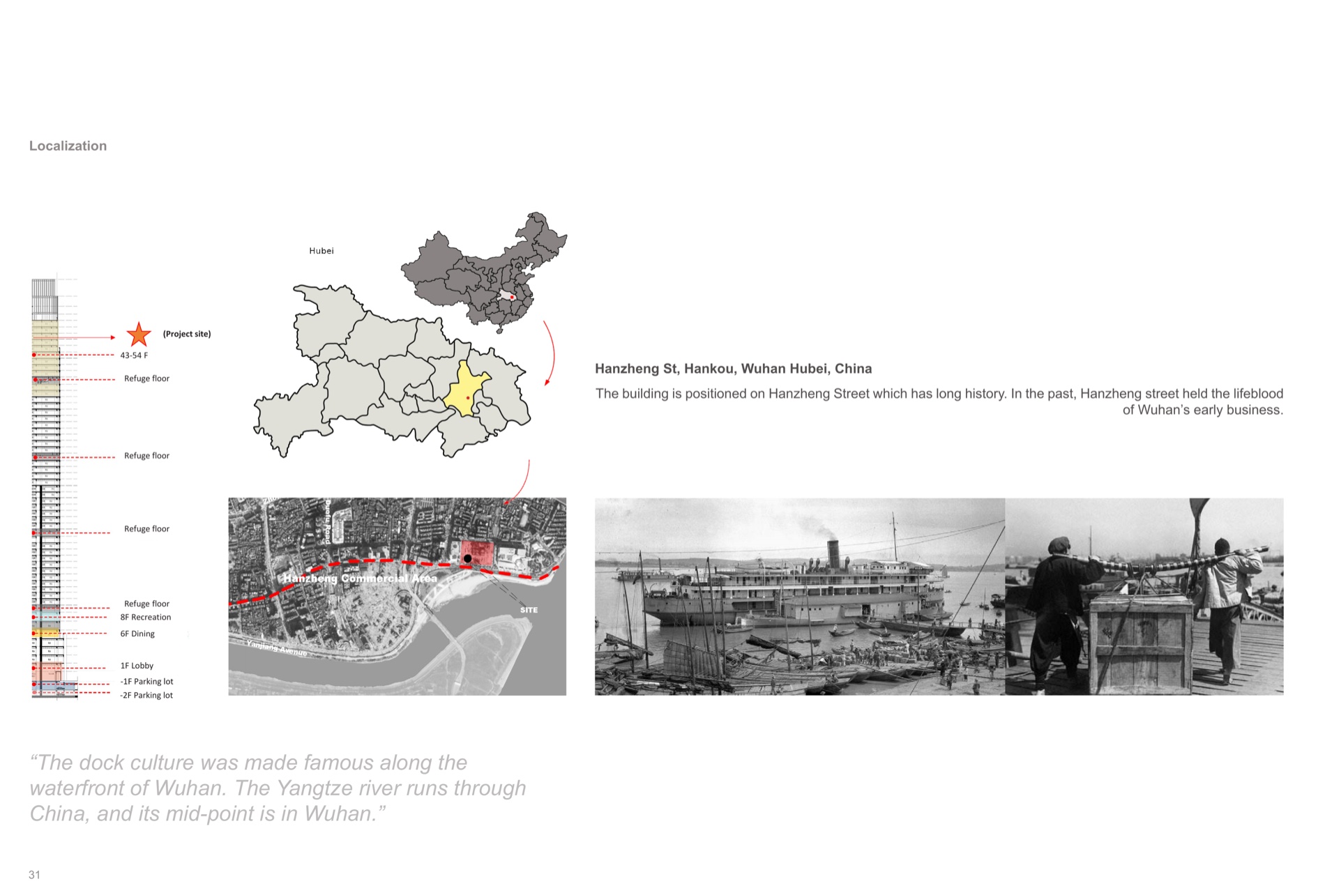 Localization — site maps and historic waterfront photos of Wuhan's Hanzheng Street.