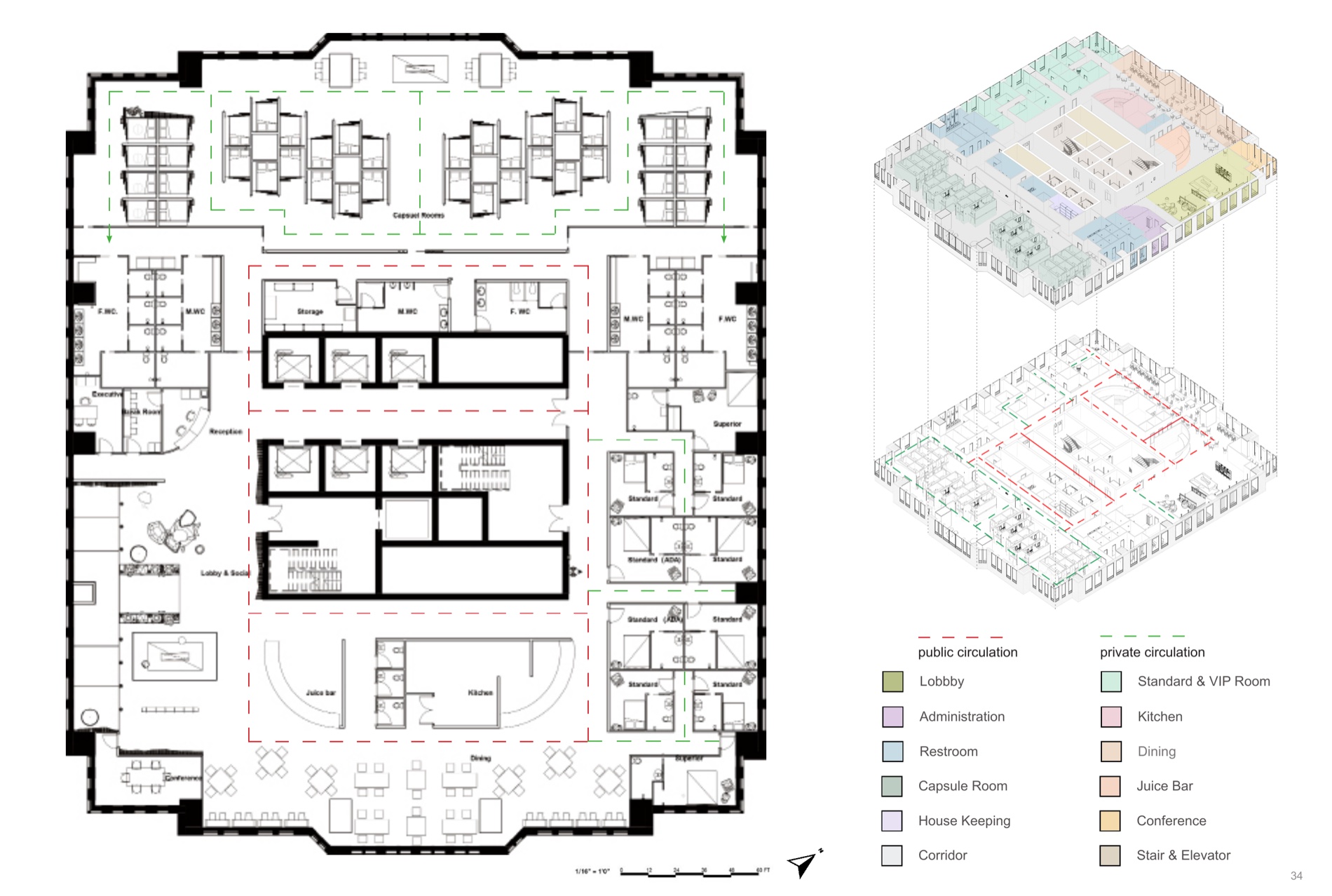 Floor plan and public/private circulation axonometrics with a room-type key.
