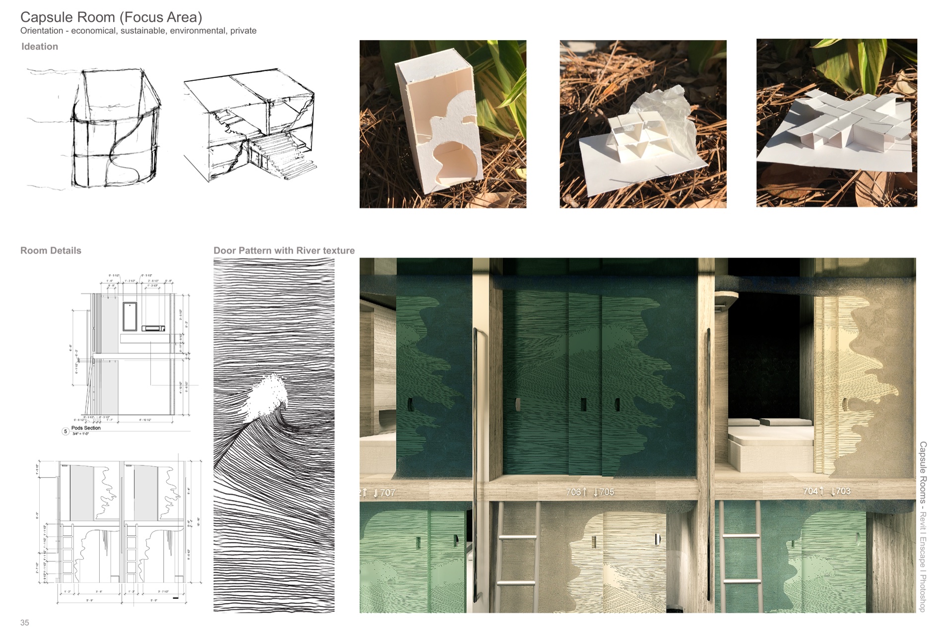 Capsule-room ideation models, room details, and the river-texture door pattern.