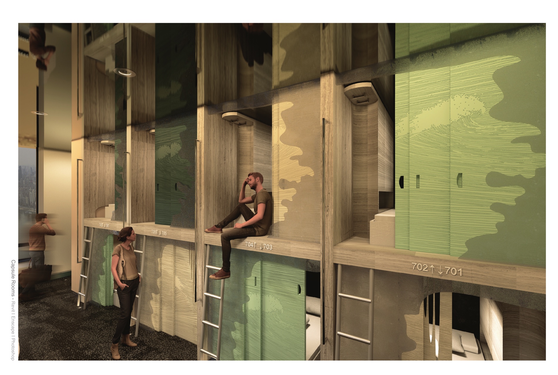 The capsule rooms — natural materials, honest light, and river-textured sliding doors.