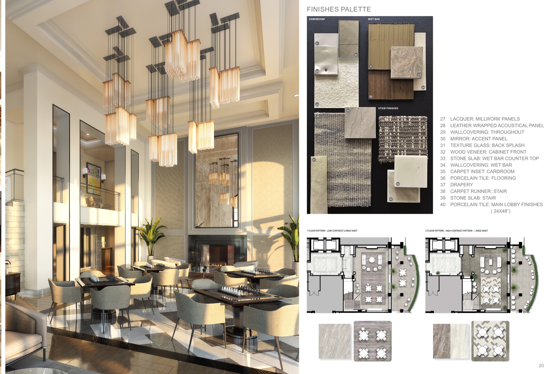 Double-height card-room lounge render and the finishes palette with floor-pattern studies.